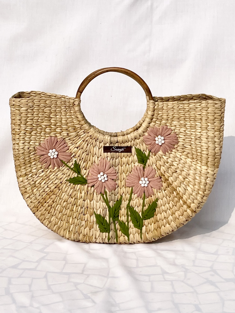 Saanjh Pink Kauna Handwoven Embroidered Handbag